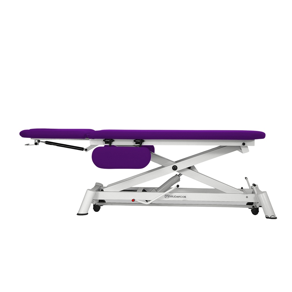 Camilla hidráulica de 2 cuerpos con respaldo negativo, reposabrazos planos tapizados, subida recta sin desplazamiento lateral y con ruedas (MBC)