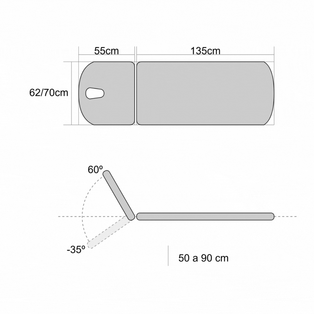 Camilla hidráulica de 2 cuerpos con respaldo negativo, subida recta sin desplazamiento lateral y con ruedas