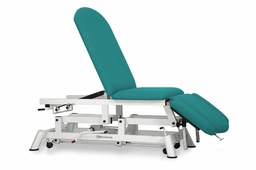 Camilla hidráulica para osteopatía de 5 secciones con respaldo reclinable en negativo. Incluye reposabrazos a la altura del respaldo regulables en altura y anchura, portarrollos, tapón facial y ruedas escamoteables. MBC