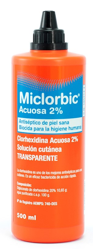 Miclorbic Clorhexidina 2% Alcohólica Transparente 500ml es un antiséptico a base de clorhexidina para la desinfección de la piel sana.