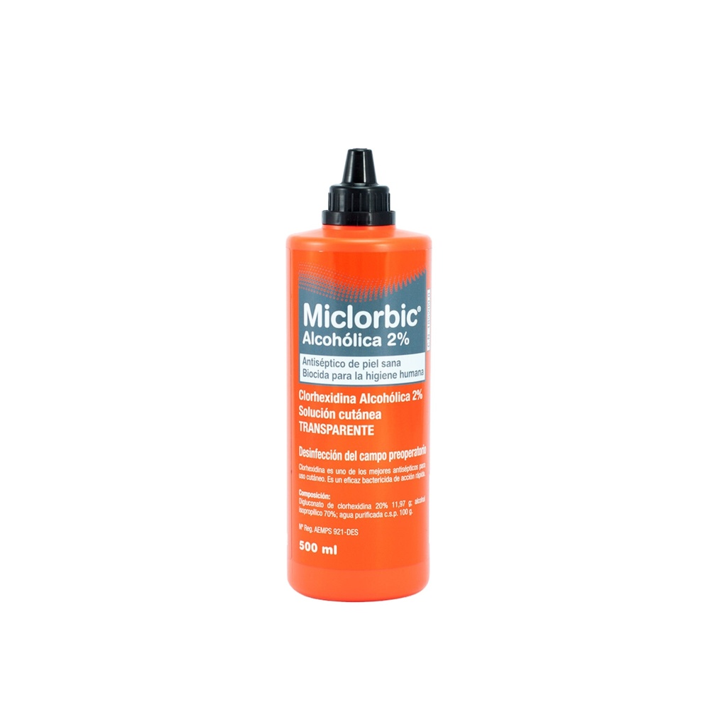 Miclorbic Clorhexidina 2% Alcohólica Transparente 500ml es un antiséptico a base de clorhexidina para la desinfección de la piel sana.