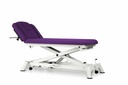 Camilla hidráulica para osteopatía de 6 secciones con respaldo reclinable en negativo y subida recta sin desplazamiento lateral. Incluye reposabrazos a la altura del respaldo regulables en altura y anchura, reposabrazos planos tapizados, portarrollos, tapón facial y ruedas escamoteables. 62CM MBC