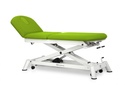 Camilla eléctrica para osteopatía de 3 secciones con respaldo reclinable en negativo y subida recta sin desplazamiento lateral. Incluye tapón facial y ruedas escamoteables. 70 cm MBC