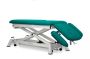 Camilla eléctrica para osteopatía de 5 secciones con respaldo reclinable en negativo y subida recta sin desplazamiento lateral. Incluye reposabrazos a la altura del respaldo regulables en altura y anchura, tapón facial y ruedas escamoteables. 70 cm MBC
